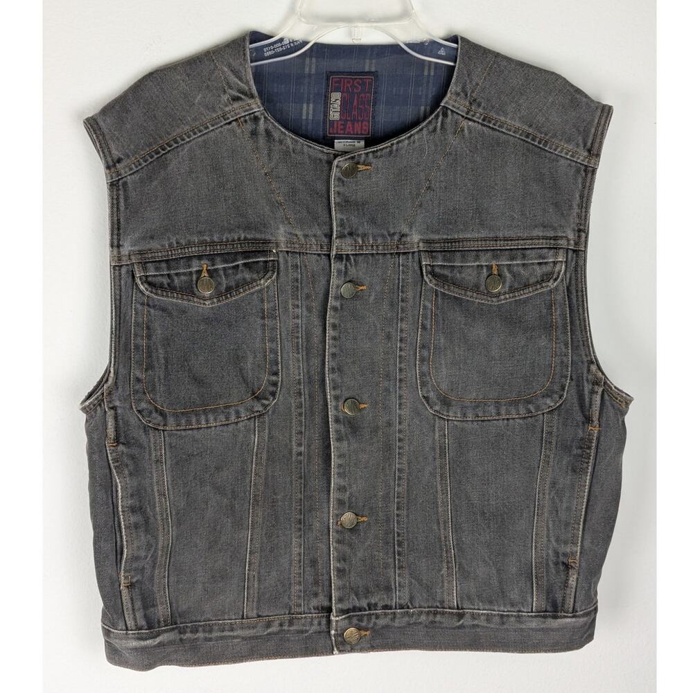 Vtg 90s Gitano First Class Denim Vest Gray Off Black Mens Unisex XL Distressed